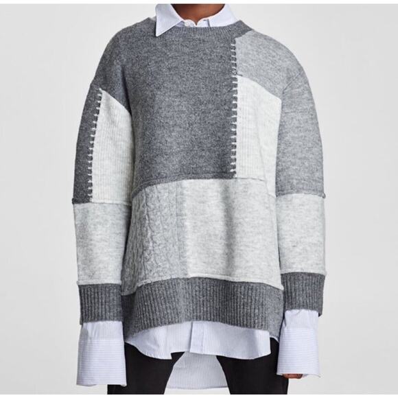 Zara Colorblock Sweater Size Small Beige White Gray Soft Pullover Round Neck - Picture 1 of 10